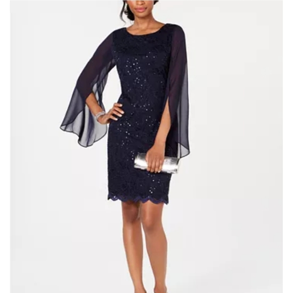 connected apparel Dresses & Skirts - Connected Fluttered Sleeve Sequin Lace Blue Size 8